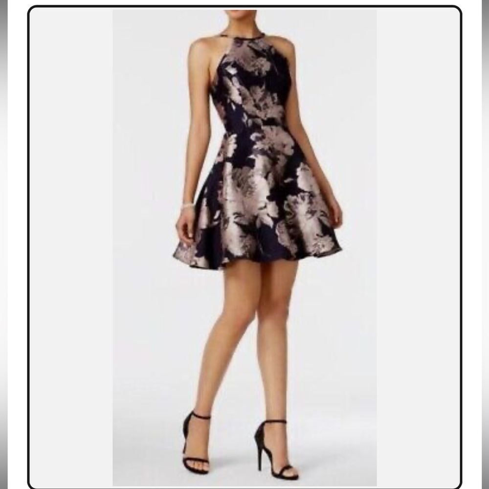 XSCAPE Fit and Flare Jacquard Navy Floral Halter Dress